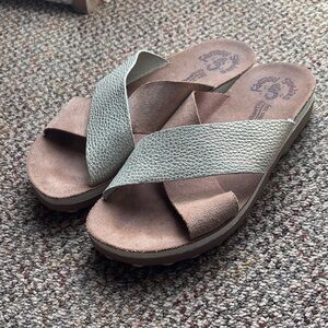 Womens Metallic gold and brown leather Cross-Band Slide Sandals